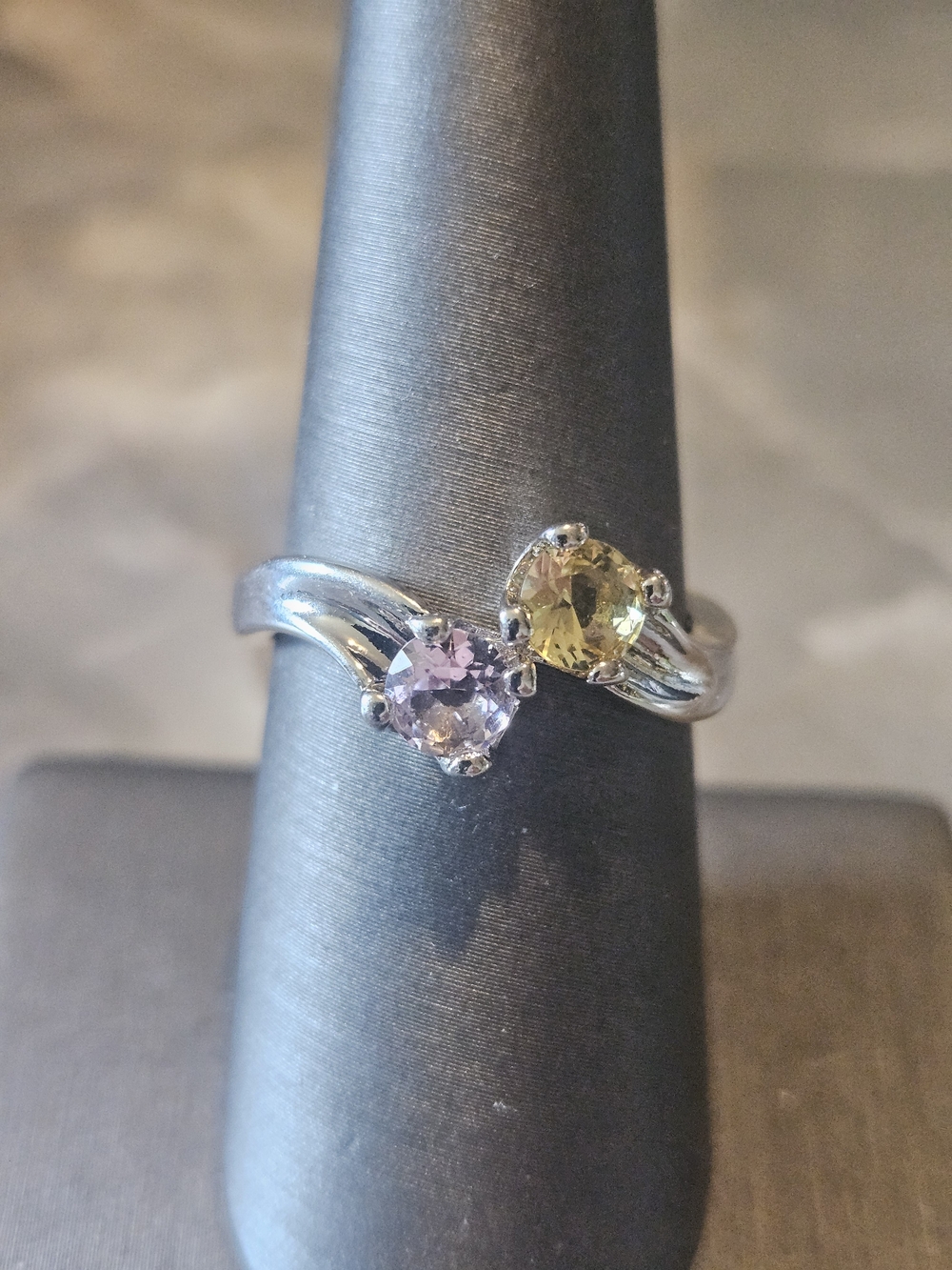 Bomb Party Silver Tone Two-Stone Ring with Yellow and Light Purple Stones